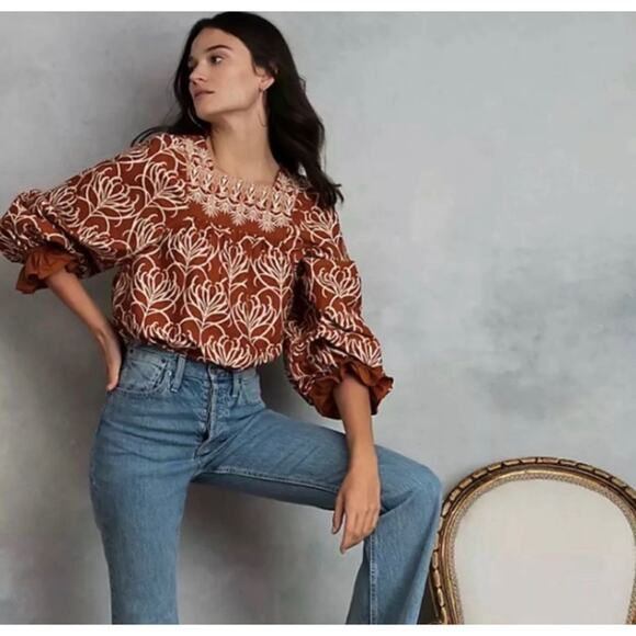 NWT Happy x Nature | 100% Cotton Burnt Orange Misty Printed Top | Size Large - Picture 1 of 10